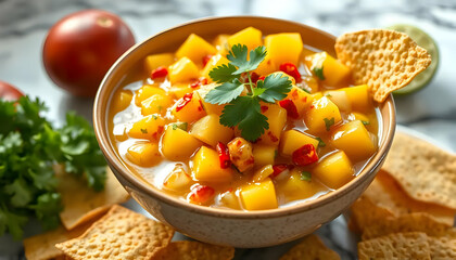 Fresh Mango Salsa In A Bowl Garnished With Cilantro And Served With Tortilla Chips