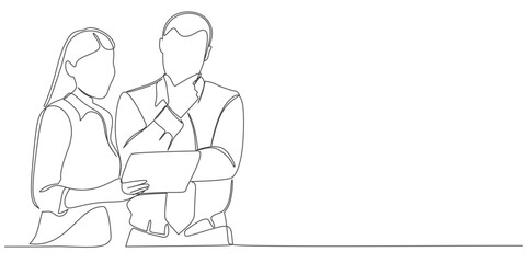 Continuous line art drawing of business man and business woman discussion. Business people line art style drawing vector illustration.
