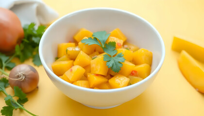 Fresh Mango Salsa in White Bowl with Chopped Onions and Cilantro on Yellow Background