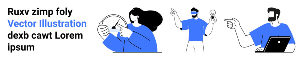 Team collaborating on innovation, featuring woman with clock, man holding lightbulb, and laptop user. Ideal for teamwork, time management, creativity, problem-solving, technology innovation flat