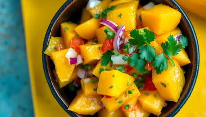 Fresh Mango Salsa With Diced Mango, Red Onion, and Cilantro in a Black Bowl on a Rustic Blue Surface