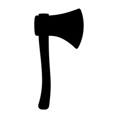 Simple black silhouette image of an ax with a wooden handle