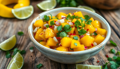 Fresh Mango Salsa with Red Onion and Cilantro in a Rustic Bowl on a Wooden Table