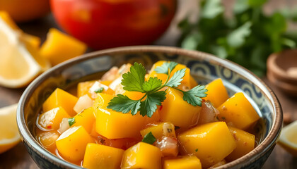 Vibrant Mango Salsa in a Decorative Bowl Surrounded by Fresh Ingredients in a Rustic Setting