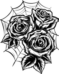 Dark floral gothic vibe in SVG vector style.Black and White Rose Illustration with Spider Web Detail