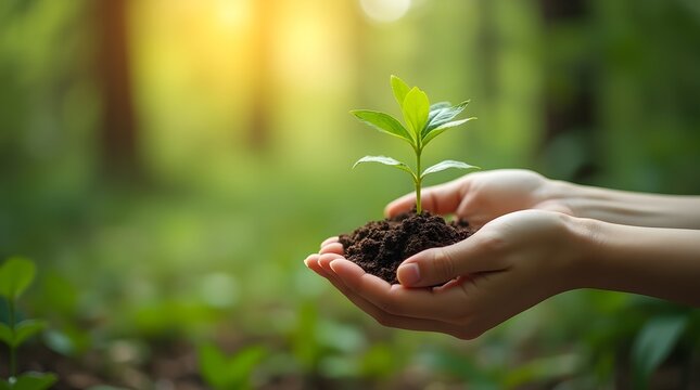 environment Earth Day In the hands of trees growing seedlings. Bokeh green Background Female hand holding tree or plant on nature field grass Forest conservation concept, planting save earth ecology