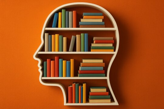 Creative bookshelf shaped like human head filled with colorful books against orange wall symbolizing knowledge learning and intellectual development