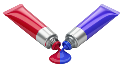 Two tubes of paint in red and blue colors are squeezed together, blending their vibrant colors into smooth mix, creating visually striking and artistic effect