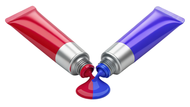 Two tubes of paint in red and blue colors are squeezed together, blending their vibrant colors into smooth mix, creating visually striking and artistic effect