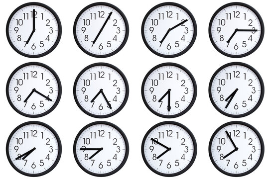 Collection of 12 round wall clocks displaying  07:00 to 07:55 or 19:00 to 19:55 on a clean white background, useful for concepts such as time zones, time management.