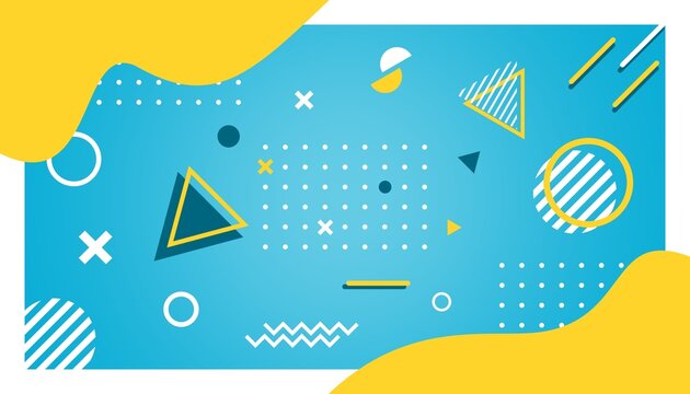 Vibrant and playful abstract background embodies the retro Memphis style, featuring a dynamic assortment of yellow, white, and blue geometric shapes scattered across a bright blue canvas.