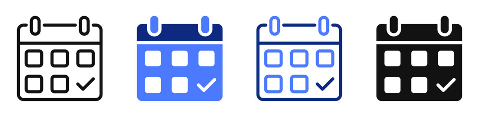 Vector icon or logo of calendar with checkmark related to business meeting, holiday or weekend, election day. Symbol for website or app UI, logo design, illustration