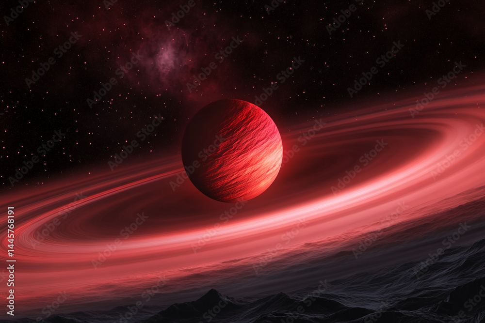 Poster red planet with rings, surrounded by dark red nebula and stars, creating a dramatic, otherworldly sc