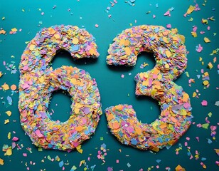Number 63 made out of confetti. Photo for sixty-third birthday or anniversary party