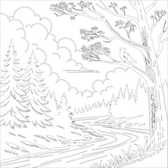 Fototapeta premium Hand-drawn vector landscape for coloring book layered illustration design