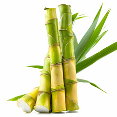 Obraz premium Fresh Green Sugarcane Stalks with Leaves Isolated on White Background