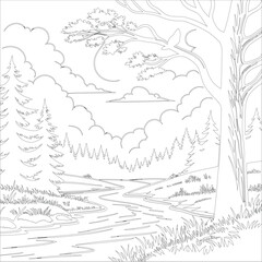 Hand-drawn vector landscape for coloring book layered illustration design