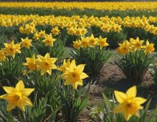 Fototapeta premium Sunlit field of vibrant yellow daffodils in full bloom , bright yellow, field of flowers