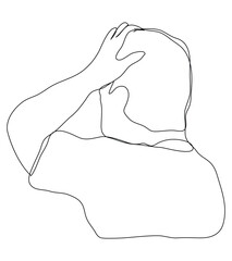 Sketch problem concept minimal man emotion stress headache drawing line art.Male unhappy depress hand drawn continuous line concept with white isolated background.Abstract,vector.