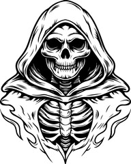 Fototapeta premium Dark Reaper Skeleton Lord in SVG vector style. Grim Reaper in Hooded Cloak with Skull and Skeleton Design Art