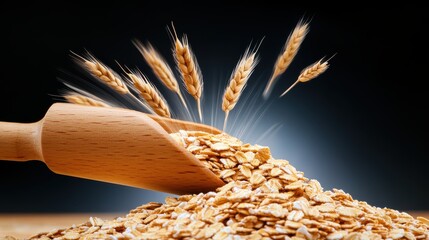 A close-up of whole grain oats spilling from a wooden scoop, highlighting the natural texture and rough surface.