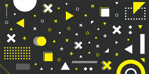 Vibrant digital artwork showcases a dynamic and playful composition of yellow and white geometric shapes and patterns in a retro Memphis style, set against a dark grey background.