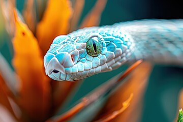 Fototapeta premium Vibrant snake coiled among colorful foliage.