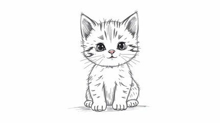 Fototapeta premium Hand-drawn sketch of a cute kitten on a white isolated background, rough textured pencil strokes, charming features, adorable expression, white background.jpg