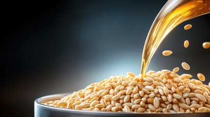 A close-up view of malted barley being poured into a large brewing container, emphasizing the texture and golden color of the grains.