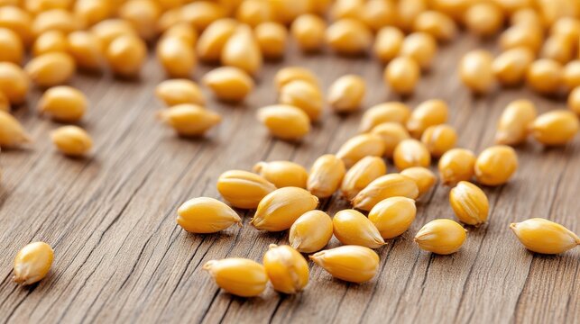 A close-up shot of individual barleycorns scattered across a rustic wooden surface, showcasing their natural texture and golden hues.