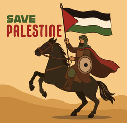 Save Palestine Illustration. Save Gaza. Man riding horse with Palestine Flag.