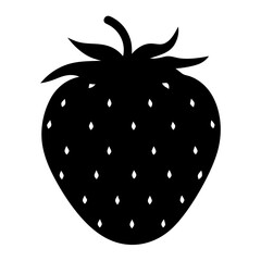 Stylized strawberry illustration in bold black silhouette with delicate white seeds