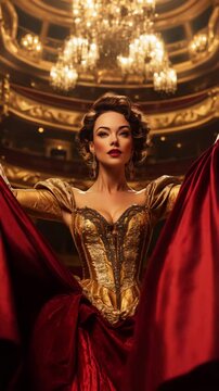 An elegant woman in a golden dress stands confidently in a grand theater, surrounded by chandeliers and stunning architecture