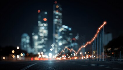 Urban Night Cityscape Shows Economic Growth Chart, Rising Trends and Future Prospects in the Metropolis.