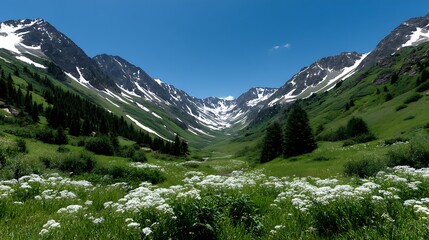 Naklejka premium Majestic Alpine Valley Wildflowers Bloom in Snowcapped Mountains.