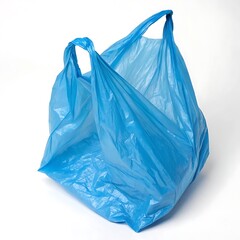 Blue plastic bag empty and wrinkled, isolated on white background