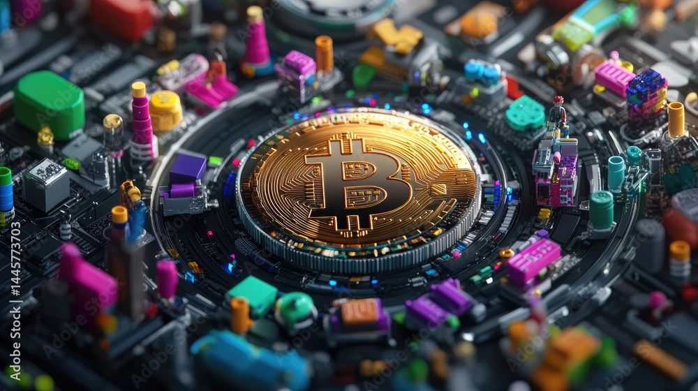 Poster vibrant crypto illustration with bitcoin at the center of a glowing circular node network