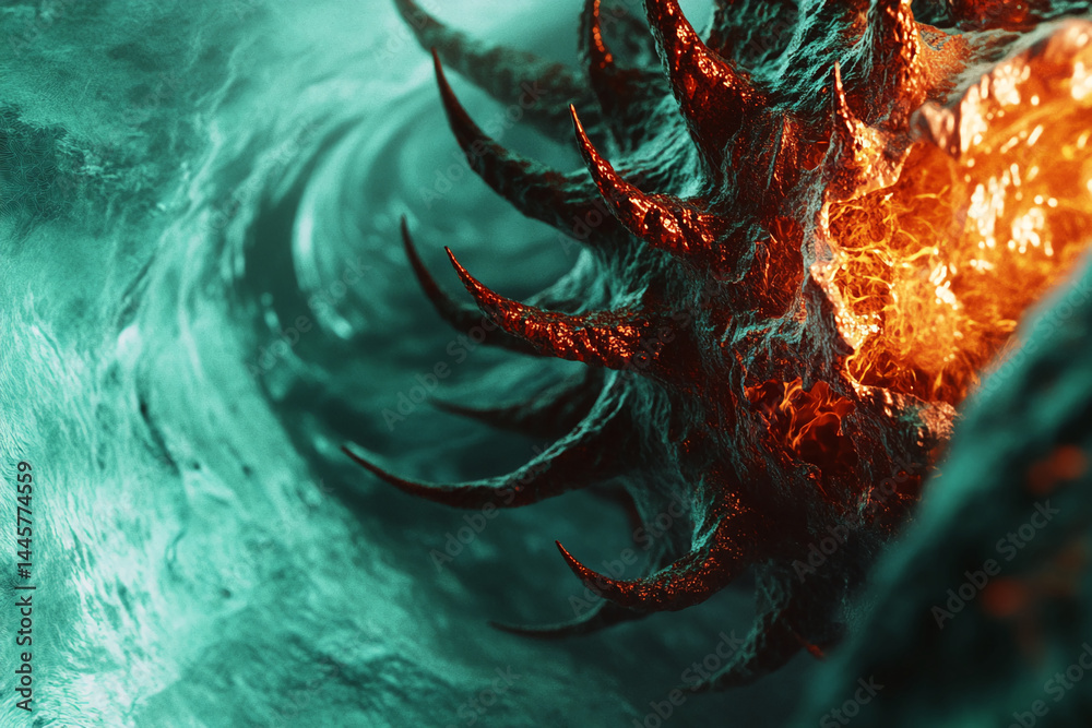 Poster close-up of textured orange and teal surface, sharp protrusions, glowing core, suggesting a fiery, a