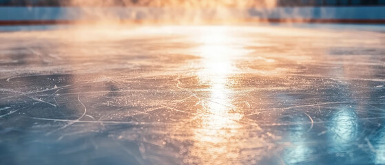 Close-up view of an empty ice rink with dramatic lighting and mist, highlighting the detailed ice texture, skate marks, and reflective surface Winter lesure, sport background.