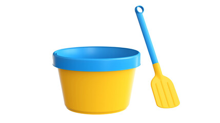 A yellow bucket with a blue rim and a blue and yellow shovel on a black background studio shot