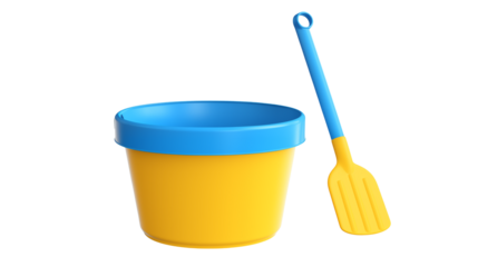 A yellow bucket with a blue rim and a blue and yellow shovel on a black background studio shot