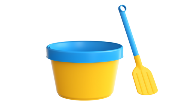 A yellow bucket with a blue rim and a blue and yellow shovel on a black background studio shot