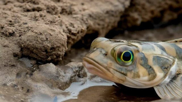Close-up of a striped mudskipper in its natural habitat near muddy shorelines and shallow waters shows its unique adaptation.