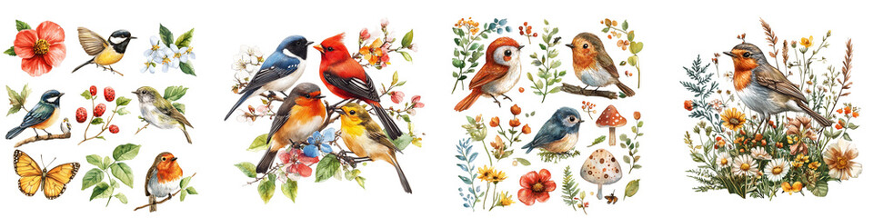 Fototapeta premium Colorful birds and flowers illustrations with butterflies on transparent background