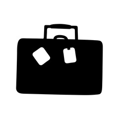 Black silhouette of a vintage suitcase with luggage tags ready for travel