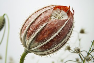 A dried poppy seed pod with spiky exterior, partially opened revealing a faded white flower inside.
