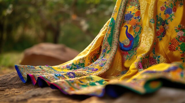 Stunning Paithani saree with its characteristic peacock designs, traditionally worn for auspicious occasions like Diwali.