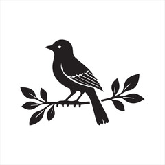 Bird Sitting on Branch Vector Illustration,Simple Line Art Bird on Tree Branch,Minimalist Bird Drawing Perched on Branch,Black and White Bird Silhouette Vector,Elegant Bird Outline with Leaves Design