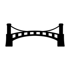 Stylized black and white drawing of an arched suspension bridge structure