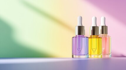 Skincare essentials in bright dropper bottles pop against a soft, muted pastel surface.